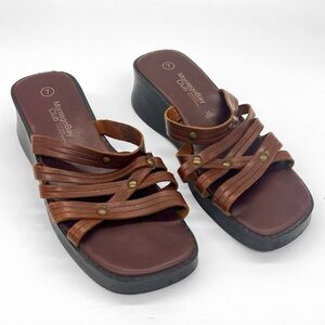 Brown Leather Square Toe Slides Platform Wedge Sandals 1990s 2000s Vintage Y2K 7